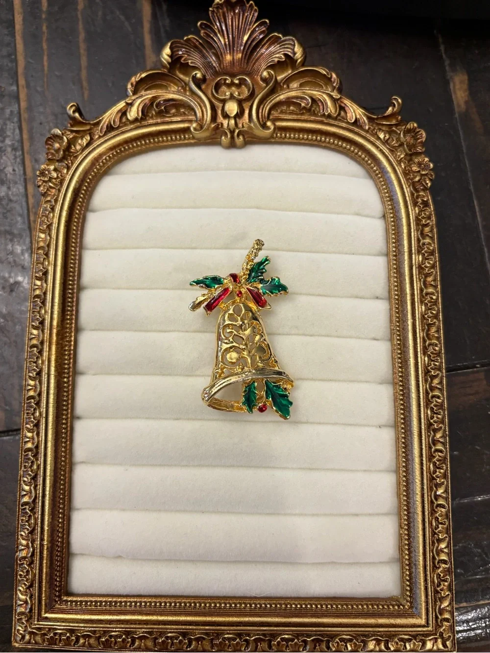 Gold‎ Tone Bell Brooch Christmas Holiday Pin Holly Leaves Red Green Enamel
